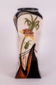 Black Ryden Moorcroft Style Square Based Modern Waisted Floral Vase. Excellent Condition. 9.25