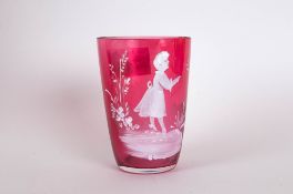 Antique Ruby Glass Tumbler Decorated with a Young Girl. J.R. Engraved to the Side. 4 Inches High.