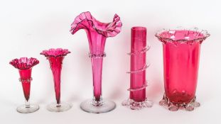 Victorian Cranberry Glass Vases. A Collection of Five. c.1870's / 1880's. Various Shapes. Heights