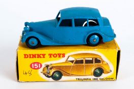 Dinky Toys No 151 Triumph 1800 Saloon Diecast Model - blue body, Complete With Yellow Picture Card