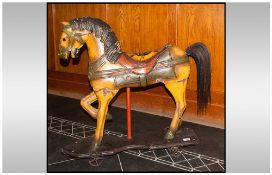 Carved & Painted Wooden Horse On Platform Base with wheels, with a horse hair tail, paint work worn,