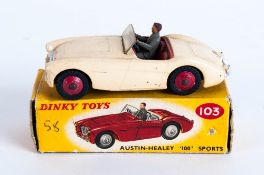 Dinky Toys No 103 Austin Healey 100 - cream, driver, red interior Complete With Picture Card Box,