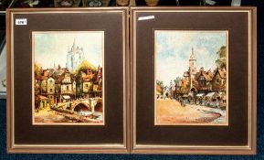 R H Holgate Pair Of Framed Watercolours, Market Town Street Scenes. 13 x 10 Inches