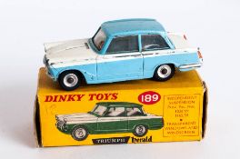 Dinky Toys No 189 Triumph Herald Diecast Model. Pale blue and white  - Complete With Picture Card