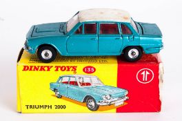 Dinky Toys No 135 Triumph 2000 Diecast Model. Metallic Blue/Green Body, Chrome Hubs. Red And