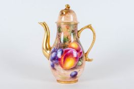 Royal Worcester Fine Hand Painted Miniature Lidded Coffee Pot ' Fallen Fruits ' Signed Freeman. Date