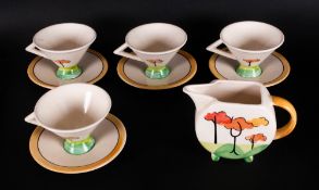 Porcelain Art Deco Style Part Tea Set comprising 4 cups & saucers with milk jug.