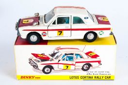 Dinky Toys No 205 Lotus Cortina Rally Car Diecast Model. white, red trim, racing number 7 With