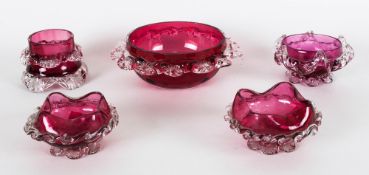 Victorian - Collection of Cranberry Glass Sweet Dishes with Crystal Prunted Glass, Pleating to