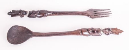 African Tribal Carved Hardwood Fork and Spoon, The Handles Carved with Figures In Ceremonial