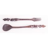 African Tribal Carved Hardwood Fork and Spoon, The Handles Carved with Figures In Ceremonial