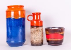 West German Pottery Vases, comprising mottled cobalt blue column vase, with orange lava glaze to the