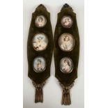 Pair of French Velvet Mounted Shaped Wall Plaques, with Three Oval Miniature Paintings Enclosed, All