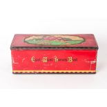 Art Deco CWS Hinged Free Sample Sample Biscuit Tin cottage on lid and East West Home's Best to Front