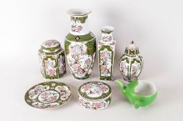Six Oriental Style Decorated Pottery Items - 4 Vases, Lidded Box & Plate In The Imari Palette,