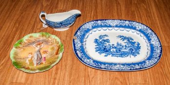 Staffordshire Pottery Blue Gravy Boat Woolworth Ware, Blue and White Pottery Platter by Doulton -