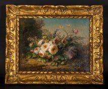 A Small Painting On Canvas Depicting Roses & Flowers On An Embarkment signed J.Cornillon /79. In