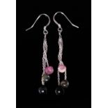 Tourmaline Triple Drop Earrings, three faceted rondelles of natural opaque tourmaline, one deep rose