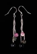 Tourmaline Triple Drop Earrings, three faceted rondelles of natural opaque tourmaline, one deep rose