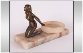 Art Deco Alabaster Ash Tray with bronze figures of a naked lady in a kneeling position. 4.5'' in