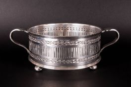 Antique - Quality Silver Plated Circular Two Handle Bowl with Trellis Panels, Borders and Glass
