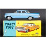 Corgi Toys No 220 Chevrolet ''Impala'' Car Model Blue Body, Complete With Blue/Yellow Picture Card