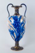 Doulton Burslem Tall and Impressive Twin Handle Blue Irises Vase. c.1880. Printed and Impressed