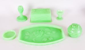 Czechoslovakia 1930s Green Molded Glass Dressing Table Vanity Set original ticket to base.