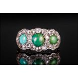 Antique 18ct Gold & Platinum Set Diamond & Turquoise Ladies Ring The 3 Turquoise Stones Surrounded