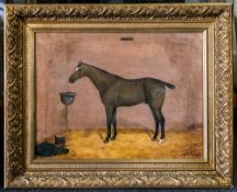 19th Century Oil Painting on Canvas of a Grey Racehorse In a Stable Setting, Named Tommy. The Horses