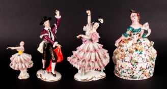 Three Dresden Figures circ 1950's, comprising a Matador and a Spanish Flamenco dancer and Ballerina.