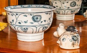 Oriental Blue & White Decorated Bowl In The Ming Style with a matching buffalo water pot. (2