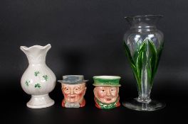 Small Collection Of Ceramics Comprising green molded glass tulip vase, 2 Beswick character jugs Tony