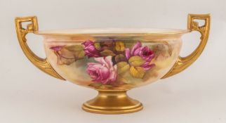 Royal Worcester Handpainted & Signed Twin Handle Boat Shaped Bowl Still Life 'Roses' Signed R.