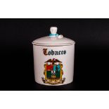 Goss Crested Ware Tobacco Jar and Cover, the cylindrical white jar showing the crest of Johannesburg