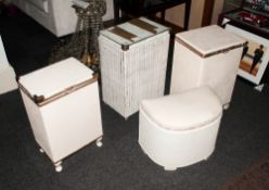 Four Vintage Lloyd Loom Linen Baskets. All with Lift Lids Painted Cream.