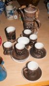 Rye Pottery Coffee Set, tin glazed stoneware, brown/cream. Comprising coffee pot, milk jug, sugar