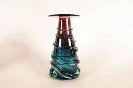 Mdina Conical Shaped Art Vase with Trailed Pattern, Amethyst Blue and Green Colour way. c.1970's.