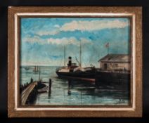 An Early 20th Century Oil on Canvas Of a Steam Boat In Harbour. Monogrammed P.M. Size 15 x 19