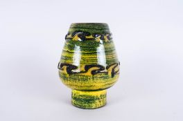 West German Pottery 'Brandy Glass' Shaped Vase, streaked and trailed emerald green, horizontal