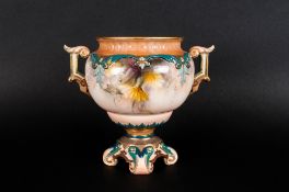 Royal Worcester Hadley's Hand Painted Twin Handled Floral Vase. c.1880's. Stands 5 Inches High.