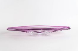 Val St. Lambert Fine Art Glass Elongated Bowl - Pink Colour way. Period 1950's. Etched Signature