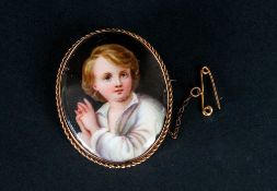 Victorian Oval Shaped 9ct Gold Framed Brooch With Painted Miniature Of A Young Boy 1.75'' in