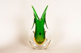 Archimede Seguso Murano Twin Handle Art Studio Glass Vase with Green and Amber Colour way, Cased