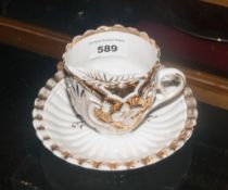 Victorian Moustache Cup And Saucer, Cream Gilt 'A Present From Holyhead'