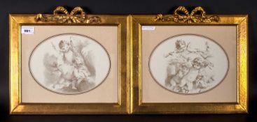 A Pair Of Framed Prints After Boucher Depicting Cherubs In Flight in square gilt frames with a