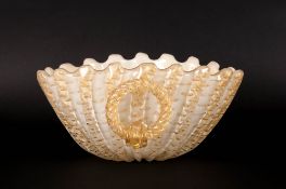 Barovier Italian Glass Cream and Gold Shell Bowl with rope handles. 11.75 inches wide and 5.5 inches