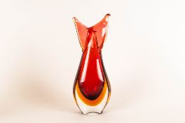 Seguso Murano Art Glass Vase, In Red and Amber Colour way, Cased In Clear Sommerso, Silver Label