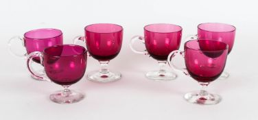 20th Century Set of Six Cranberry Drinking Glasses, with Clear Glass Handles and Stems.