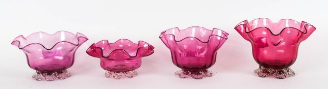 Victorian - Collection of Four Cranberry Glass Bowls, Raised on Clear Glass, Fancy Feet -
